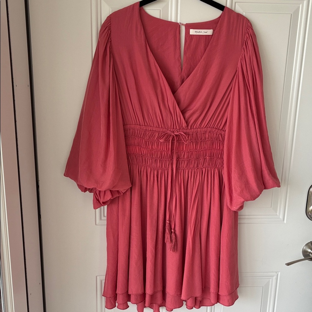 Smocked Waist V-Neck Mini Dress in Deep Rose